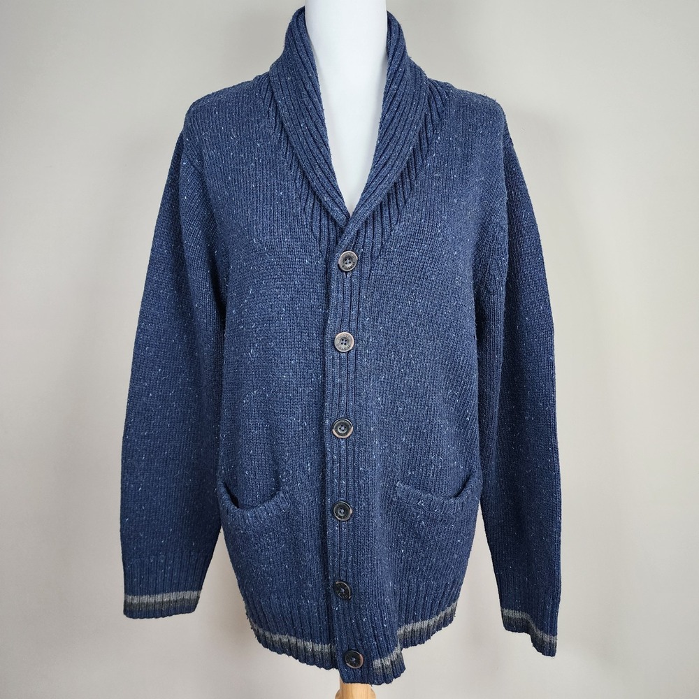 Wool Blend‎ Shawl Cardigan Sweater Womens Large Knit Preppy Hipster Marled Blue